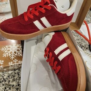 Red Suede Sneakers with White Stripes